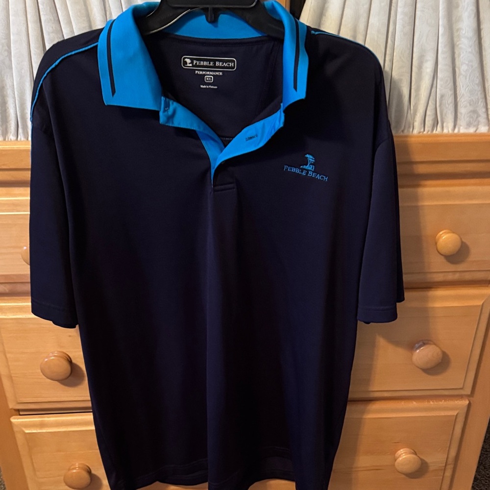 Pebble Beach Men's Dark Blue Polo with Light Blue Accents-Perfect Condition